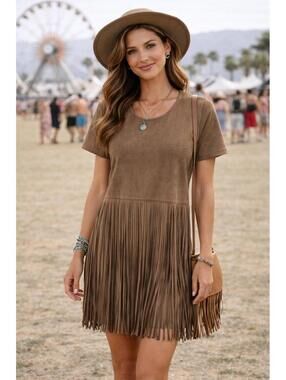Love Riche Taupe Faux Suede Fringe Dress Boho Western Gypsy NWT Medium